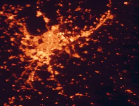 Satellite night-light map of the 50 km around Rivas-Vaciamadrid, with Madrid, Ciudad Lineal and Getafe marked