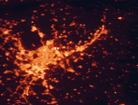 Satellite night-light map of the 50 km around Torrejón de Ardoz, with Madrid, Alcalá de Henares and Ciudad Lineal marked