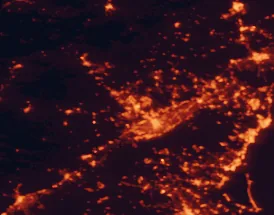Satellite night-light map of the 50 km around Molina de Segura, with Murcia, Elche and Orihuela marked