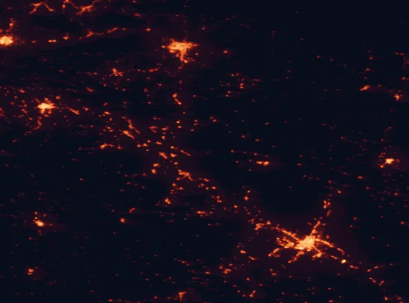 Satellite night-light map of the 100 km around Bardenas Reales Natural Park, with Zaragoza, Pamplona and Logroño marked