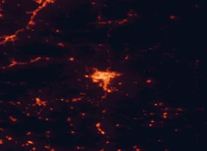Satellite night-light map of the 50 km around Pamplona, with Zizur Mayor, Estella-Lizarra and Tolosa marked