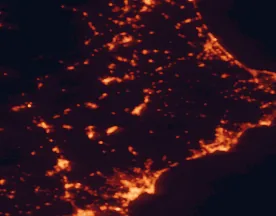 Satellite night-light map of the 50 km around Alcoy, with Alicante, Benidorm and Gandia marked