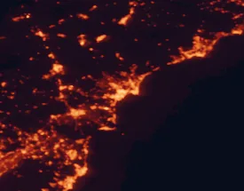 Satellite night-light map of the 50 km around Alicante, with Elche, San Vicent del Raspeig and Orihuela marked