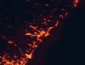 Satellite night-light map of the 50 km around Castellón de la Plana, with Vila-real, Almassora and Burriana marked