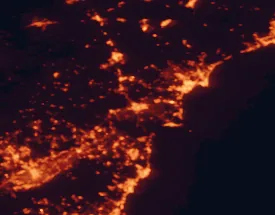 Satellite night-light map of the 50 km around Elche, with Alicante, Murcia and Orihuela marked