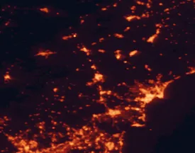 Satellite night-light map of the 50 km around Elda, with Alicante, Elche and Orihuela marked