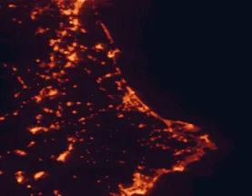 Satellite night-light map of the 50 km around Gandia, with Oliva, Alcoy and Alzira marked