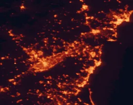 Satellite night-light map of the 50 km around Orihuela, with Murcia, Elche and Alicante marked