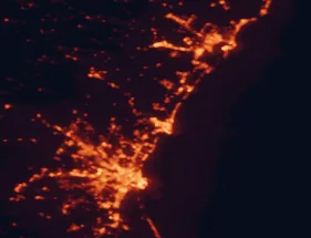 Satellite night-light map of the 50 km around Sagunto, with Valencia, Grao de Murviedro and Castelló de la Plana marked