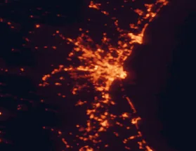 Satellite night-light map of the 50 km around Torrent, with Valencia, Paterna and Mislata marked