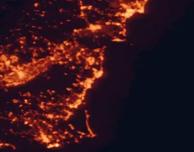 Satellite night-light map of the 50 km around Torrevieja, with Murcia, Alicante and Elche marked