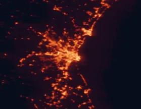 Satellite night-light map of the 50 km around Valencia, with Torrent, Paterna and Burjassot marked
