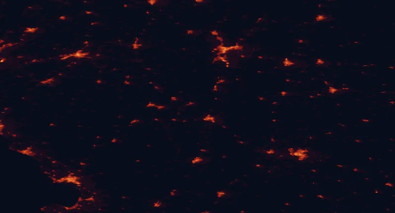 Satellite night-light map of the 100 km around Store Mosse National Park, with Jönköping, Växjö and Borås marked