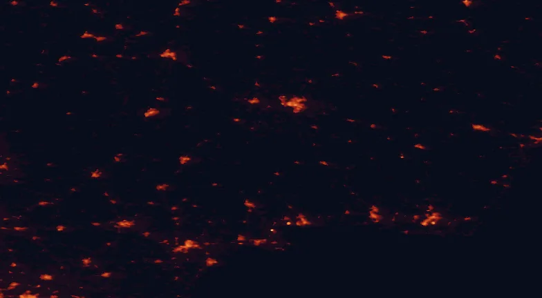 Satellite night-light map of the 100 km around Åsnen National Park, with Växjö, Karlskrona and Kristianstad marked