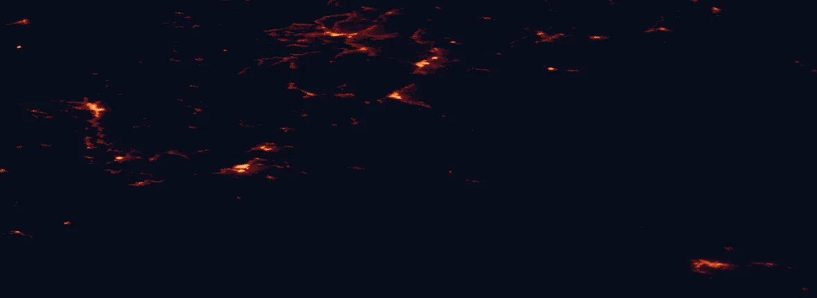 Satellite night-light map of the 100 km around Vadvetjåkka National Park, with Narvik, Harstad and Kiruna marked