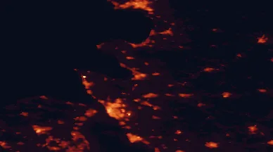 Satellite night-light map of the 50 km around Ängelholm, with Helsingborg, Helsingør and Hørsholm marked