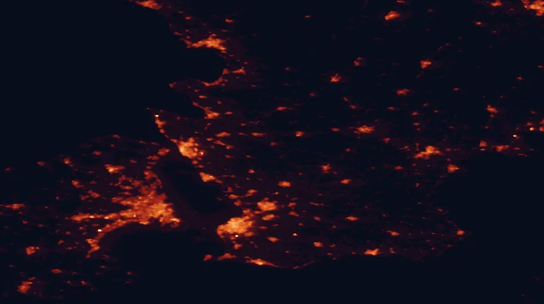 Satellite night-light map of the 100 km around Söderåsen National Park, with Copenhagen, Malmö and Helsingborg marked