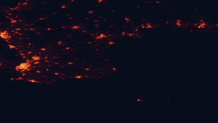 Satellite night-light map of the 100 km around Stenshuvud National Park, with Malmö, Lund and Kristianstad marked