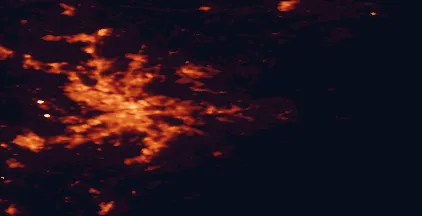 Satellite night-light map of the 50 km around Gustavsberg, with Stockholm, Sollentuna and Huddinge marked
