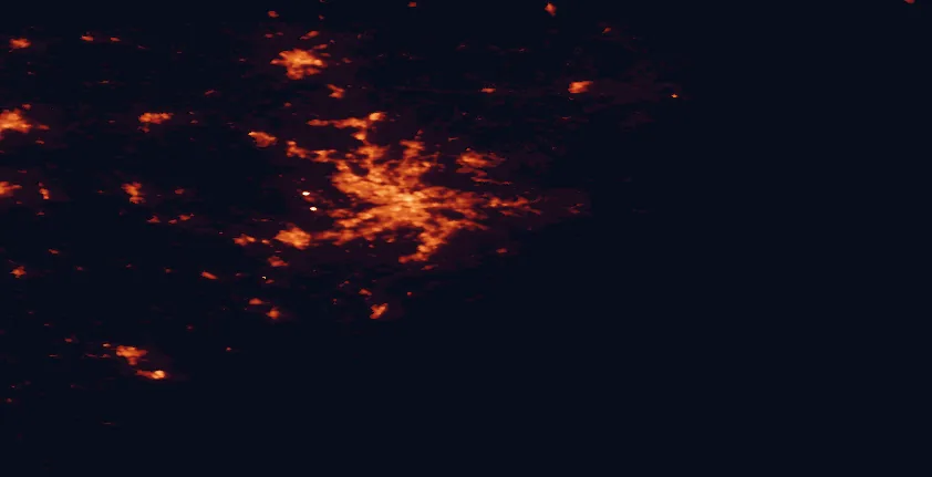 Satellite night-light map of the 100 km around Tyresta National Park, with Stockholm, Sollentuna and Huddinge marked