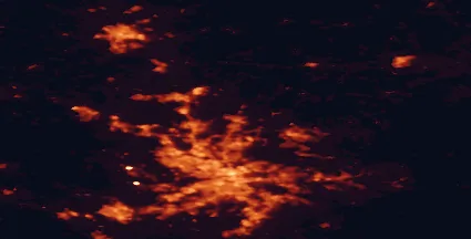 Satellite night-light map of the 50 km around Vallentuna, with Stockholm, Sollentuna and Uppsala marked