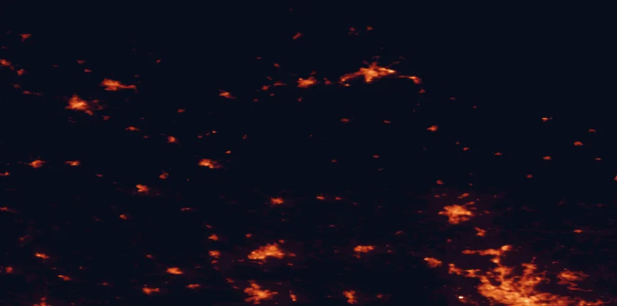 Satellite night-light map of the 100 km around Färnebofjärden National Park, with Uppsala, Västerås and Sollentuna marked