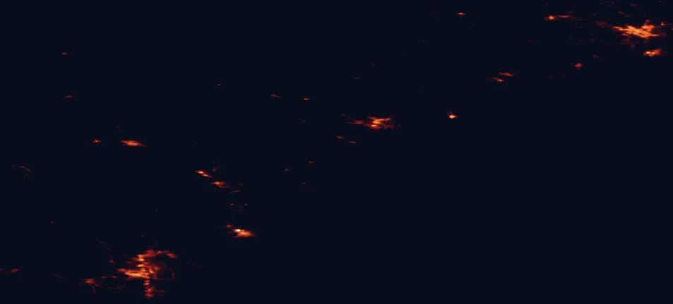Satellite night-light map of the 100 km around Skuleskogen National Park, with Umeå, Örnsköldsvik and Sundsvall marked