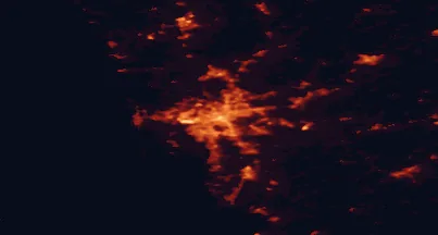 Satellite night-light map of the 50 km around Gothenburg, with Mölndal, Partille and Björlanda marked