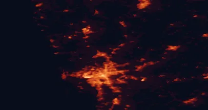 Satellite night-light map of the 50 km around Kungälv, with Gothenburg, Mölndal and Partille marked