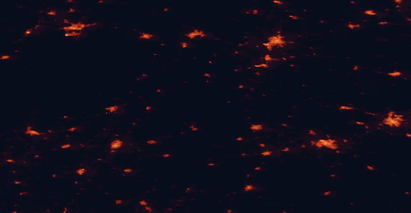 Satellite night-light map of the 100 km around Tiveden National Park, with Linköping, Örebro and Norrköping marked