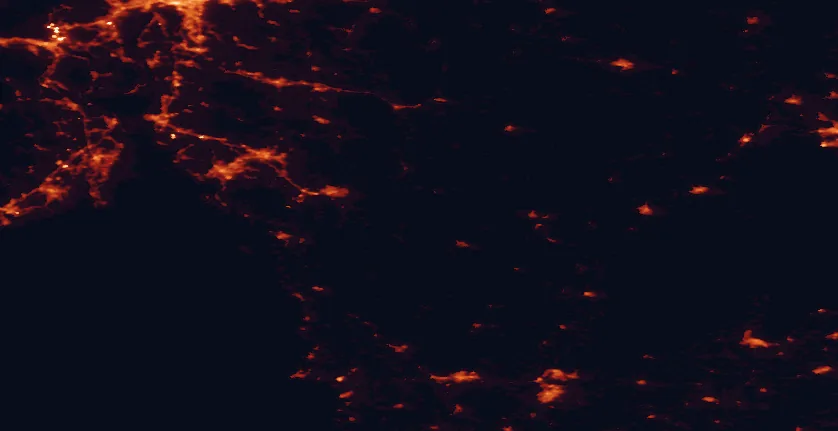 Satellite night-light map of the 100 km around Tresticklan National Park, with Fredrikstad, Sarpsborg and Drammen marked