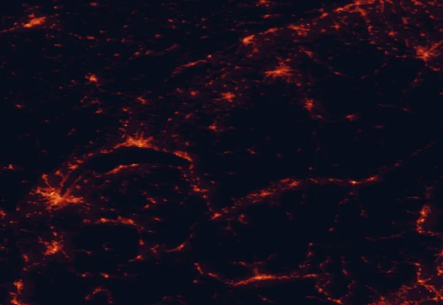 Satellite night-light map of the 100 km around Gruyère Pays-d'Enhaut Regional Park, with Lausanne, Geneva and Bern marked