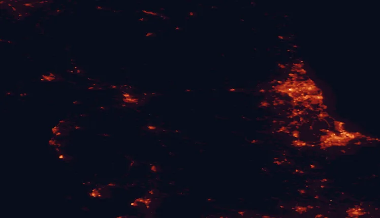 Satellite night-light map of the 100 km around Alston Moor, with Newcastle upon Tyne, Sunderland and Carlisle marked