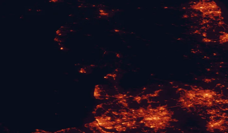 Satellite night-light map of the 100 km around Arnside and Silverdale, with Manchester, Leeds and Preston marked