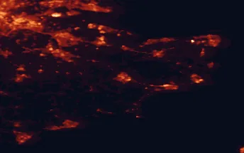 Satellite night-light map of the 50 km around Ashford, with Southend-on-Sea, Maidstone and Saint Peters marked