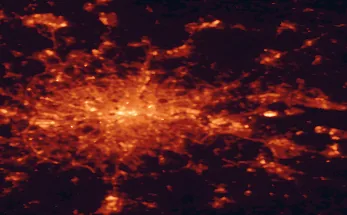 Satellite night-light map of the 50 km around Barking, with London, Islington and City of Westminster marked