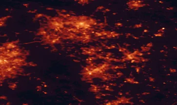 Satellite night-light map of the 50 km around Barnsley, with Sheffield, Leeds and Bradford marked