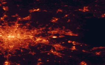 Satellite night-light map of the 50 km around Basildon, with London, Southend-on-Sea and Islington marked