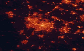 Satellite night-light map of the 50 km around Birmingham, with Coventry, Wolverhampton and Dudley marked