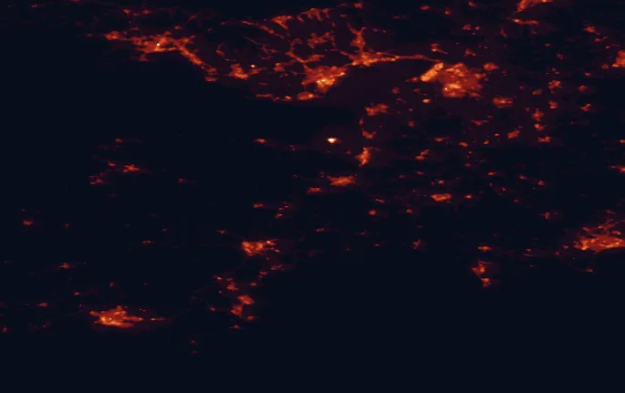 Satellite night-light map of the 100 km around the Blackdown Hills, with Bristol, Cardiff and Swansea marked