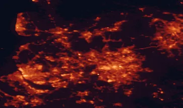 Satellite night-light map of the 50 km around Bolton, with Manchester, Liverpool and Preston marked