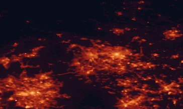 Satellite night-light map of the 50 km around Bradford, with Leeds, Manchester and Sheffield marked
