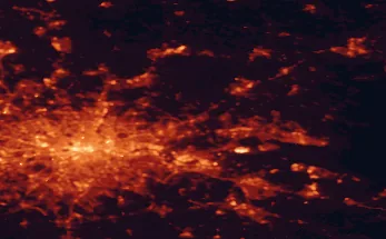 Satellite night-light map of the 50 km around Brentwood, with London, Islington and Barking marked