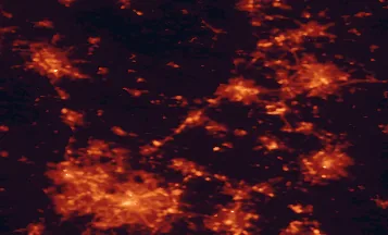 Satellite night-light map of the 50 km around Burton upon Trent, with Birmingham, Derby and Leicester marked