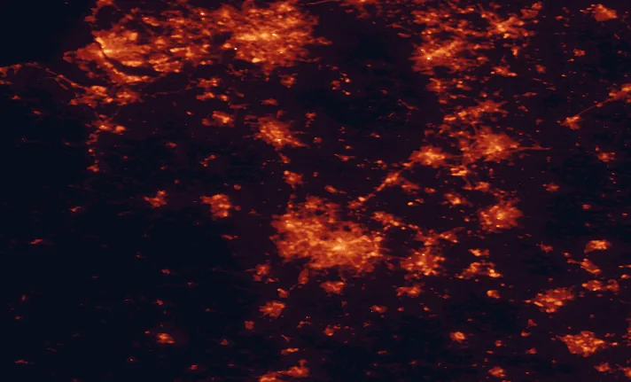 Satellite night-light map of the 100 km around Cannock Chase, with Birmingham, Wolverhampton and Sheffield marked