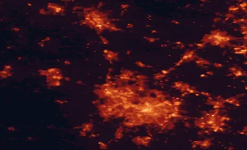 Satellite night-light map of the 50 km around Cannock, with Birmingham, Wolverhampton and Walsall marked