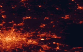 Satellite night-light map of the 50 km around Chelmsford, with London, Southend-on-Sea and Islington marked