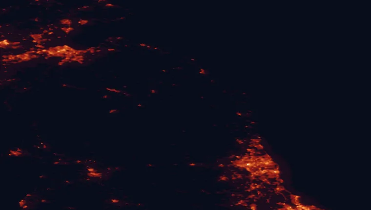 Satellite night-light map of the 100 km around the Cheviot Hills, with Edinburgh, Newcastle upon Tyne and Sunderland marked