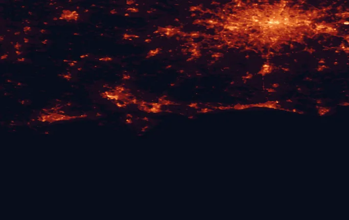 Satellite night-light map of the 100 km around Chichester Harbour, with London, Portsmouth and Southampton marked