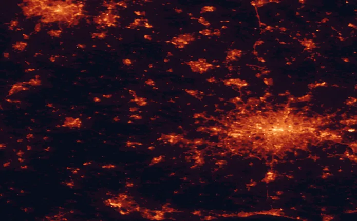 Satellite night-light map of the 100 km around the Chilterns, with London, Birmingham and Reading marked